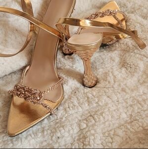 Fashion Nova Gold Stiletto Heels with Crystal Embellishments